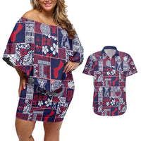 Guam Felis Pasgua Couples Matching Off Shoulder Short Dress and Hawaiian Shirt Pacific Patchwork Xmas Vibes - Polynesian Pride