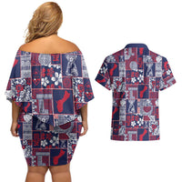 Guam Felis Pasgua Couples Matching Off Shoulder Short Dress and Hawaiian Shirt Pacific Patchwork Xmas Vibes LT9 - Polynesian Pride