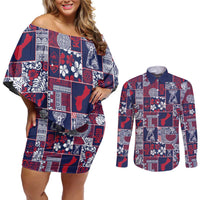 Guam Felis Pasgua Couples Matching Off Shoulder Short Dress and Long Sleeve Button Shirt Pacific Patchwork Xmas Vibes - Polynesian Pride