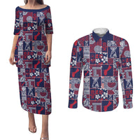 Guam Felis Pasgua Couples Matching Puletasi and Long Sleeve Button Shirt Pacific Patchwork Xmas Vibes - Polynesian Pride