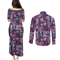 Guam Felis Pasgua Couples Matching Puletasi and Long Sleeve Button Shirt Pacific Patchwork Xmas Vibes - Polynesian Pride