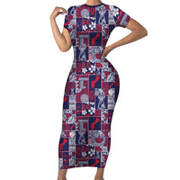 Guam Felis Pasgua Short Sleeve Bodycon Dress Pacific Patchwork Xmas Vibes LT9 Long Dress Blue - Polynesian Pride