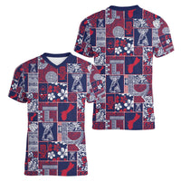 Guam Felis Pasgua Women V-Neck T-Shirt Pacific Patchwork Xmas Vibes - Polynesian Pride