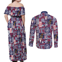 Manuia le Kerisimasi American Samoa Couples Matching Off Shoulder Maxi Dress and Long Sleeve Button Shirt Pacific Patchwork Xmas Vibes - Polynesian Pride