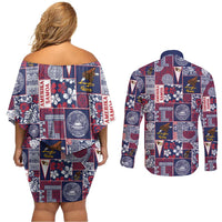Manuia le Kerisimasi American Samoa Couples Matching Off Shoulder Short Dress and Long Sleeve Button Shirt Pacific Patchwork Xmas Vibes - Polynesian Pride