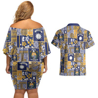 Ekamawir omo Nauru Couples Matching Off Shoulder Short Dress and Hawaiian Shirt Pacific Patchwork Xmas Vibes LT9 - Polynesian Pride