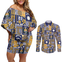 Ekamawir omo Nauru Couples Matching Off Shoulder Short Dress and Long Sleeve Button Shirt Pacific Patchwork Xmas Vibes - Polynesian Pride