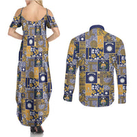 Ekamawir omo Nauru Couples Matching Summer Maxi Dress and Long Sleeve Button Shirt Pacific Patchwork Xmas Vibes - Polynesian Pride