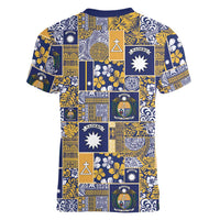 Ekamawir omo Nauru Women V-Neck T-Shirt Pacific Patchwork Xmas Vibes - Polynesian Pride
