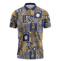 Ekamawir omo Nauru Zipper Polo Shirt Pacific Patchwork Xmas Vibes LT9 Blue - Polynesian Pride