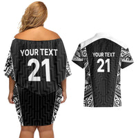 New Zealand Black Fern Custom Couples Matching Off Shoulder Short Dress and Hawaiian Shirt Maori Tukutuku Black-white Motif