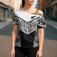 New Zealand Black Fern Custom Cross Shoulder Shirt Maori Tukutuku Black-white Motif - Polynesian Pride