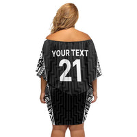 New Zealand Black Fern Custom Family Matching Off Shoulder Short Dress and Hawaiian Shirt Maori Tukutuku Black-white Motif