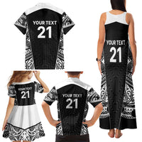 New Zealand Black Fern Custom Family Matching Tank Maxi Dress and Hawaiian Shirt Maori Tukutuku Black-white Motif