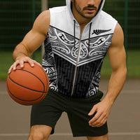 New Zealand Black Fern Custom Sleeveless Zip Hoodie Maori Tukutuku Black-white Motif - Polynesian Pride