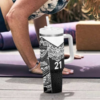 New Zealand Black Fern Custom Tumbler With Handle Maori Tukutuku Black-white Motif