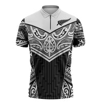 New Zealand Black Fern Custom Zipper Polo Shirt Maori Tukutuku Black-white Motif - Polynesian Pride