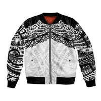 New Zealand Koru Fern Custom Sleeve Zip Bomber Jacket Simple Taniko Motif LT9 Unisex White - Polynesian Pride