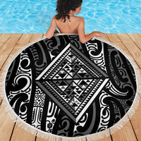New Zealand Maori Taniko Beach Blanket Black Kowhaiwhai Puhoro