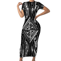 New Zealand Maori Taniko Family Matching Short Sleeve Bodycon Dress and Hawaiian Shirt Black Kowhaiwhai Puhoro