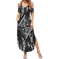 New Zealand Maori Taniko Family Matching Summer Maxi Dress and Hawaiian Shirt Black Kowhaiwhai Puhoro