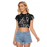 New Zealand Maori Taniko Raglan Cropped T Shirt Black Kowhaiwhai Puhoro LT9 Female Black - Polynesian Pride