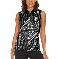New Zealand Maori Taniko Women Sleeveless Polo Shirt Black Kowhaiwhai Puhoro