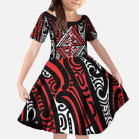 New Zealand Maori Taniko Family Matching Off The Shoulder Long Sleeve Dress and Hawaiian Shirt Red Kowhaiwhai Puhoro