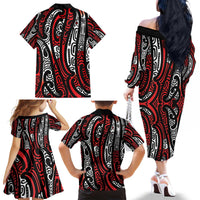 New Zealand Maori Taniko Family Matching Off The Shoulder Long Sleeve Dress and Hawaiian Shirt Red Kowhaiwhai Puhoro