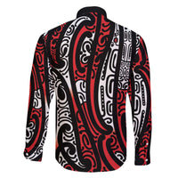 New Zealand Maori Taniko Family Matching Off The Shoulder Long Sleeve Dress and Hawaiian Shirt Red Kowhaiwhai Puhoro