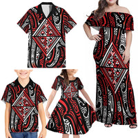 New Zealand Maori Taniko Family Matching Off Shoulder Maxi Dress and Hawaiian Shirt Red Kowhaiwhai Puhoro