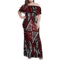 New Zealand Maori Taniko Family Matching Off Shoulder Maxi Dress and Hawaiian Shirt Red Kowhaiwhai Puhoro