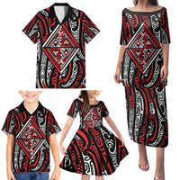 New Zealand Maori Taniko Family Matching Puletasi and Hawaiian Shirt Red Kowhaiwhai Puhoro