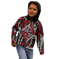 New Zealand Maori Taniko Kid Hoodie Red Kowhaiwhai Puhoro