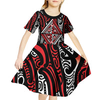 New Zealand Maori Taniko Kid Short Sleeve Dress Red Kowhaiwhai Puhoro