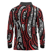New Zealand Maori Taniko Long Sleeve Polo Shirt Red Kowhaiwhai Puhoro