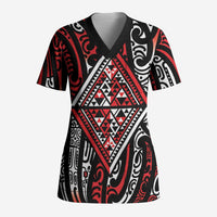 New Zealand Maori Taniko Scrub Top Red Kowhaiwhai Puhoro - Polynesian Pride