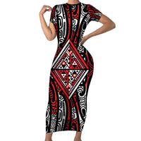 New Zealand Maori Taniko Short Sleeve Bodycon Dress Red Kowhaiwhai Puhoro