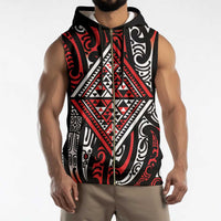 New Zealand Maori Taniko Sleeveless Zip Hoodie Red Kowhaiwhai Puhoro - Polynesian Pride