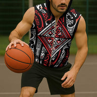 New Zealand Maori Taniko Sleeveless Zip Hoodie Red Kowhaiwhai Puhoro - Polynesian Pride