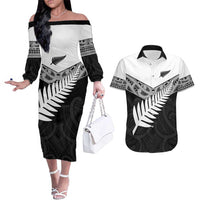 New Zealand Silver Fern Couples Matching Off The Shoulder Long Sleeve Dress and Hawaiian Shirt Maori Koru Mixed Taniko Pattern