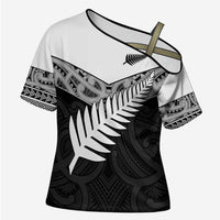 New Zealand Silver Fern Cross Shoulder Shirt Maori Koru Mixed Taniko Pattern LT9 Female White - Polynesian Pride