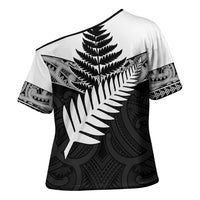 New Zealand Silver Fern Cross Shoulder Shirt Maori Koru Mixed Taniko Pattern LT9 - Polynesian Pride