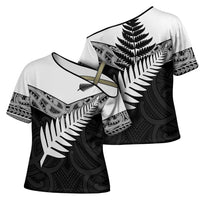 New Zealand Silver Fern Cross Shoulder Shirt Maori Koru Mixed Taniko Pattern LT9 - Polynesian Pride