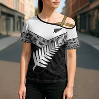 New Zealand Silver Fern Cross Shoulder Shirt Maori Koru Mixed Taniko Pattern LT9 - Polynesian Pride