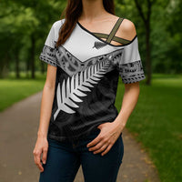 New Zealand Silver Fern Cross Shoulder Shirt Maori Koru Mixed Taniko Pattern LT9 - Polynesian Pride