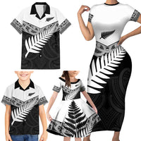 New Zealand Silver Fern Family Matching Short Sleeve Bodycon Dress and Hawaiian Shirt Maori Koru Mixed Taniko Pattern