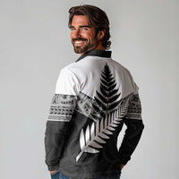 New Zealand Silver Fern Long Sleeve Polo Shirt Maori Koru Mixed Taniko Pattern