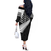 New Zealand Silver Fern Off The Shoulder Long Sleeve Dress Maori Koru Mixed Taniko Pattern