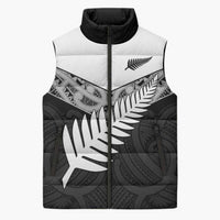 New Zealand Silver Fern Sleeveless Puffer Jacket Maori Koru Mixed Taniko Pattern - Polynesian Pride